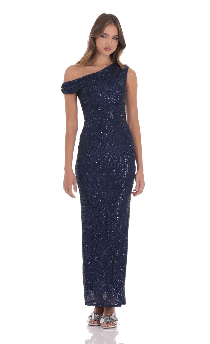 Sequin Off Shoulder Maxi Dress in Navy