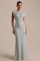 Aurah | Silver Sequin Crew-Neck Maxi Dress With Cap Sleeves