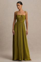 Azalea | Green Square-Neck Maxi Dress With Chest Cut-Out And Pleated Detailing