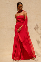 Kylie | Red High-Neck Maxi Dress With Chiffon Skirt