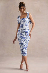 Cordelia | Blue Porcelain Print Bodycon Midi Dress With Bow Straps