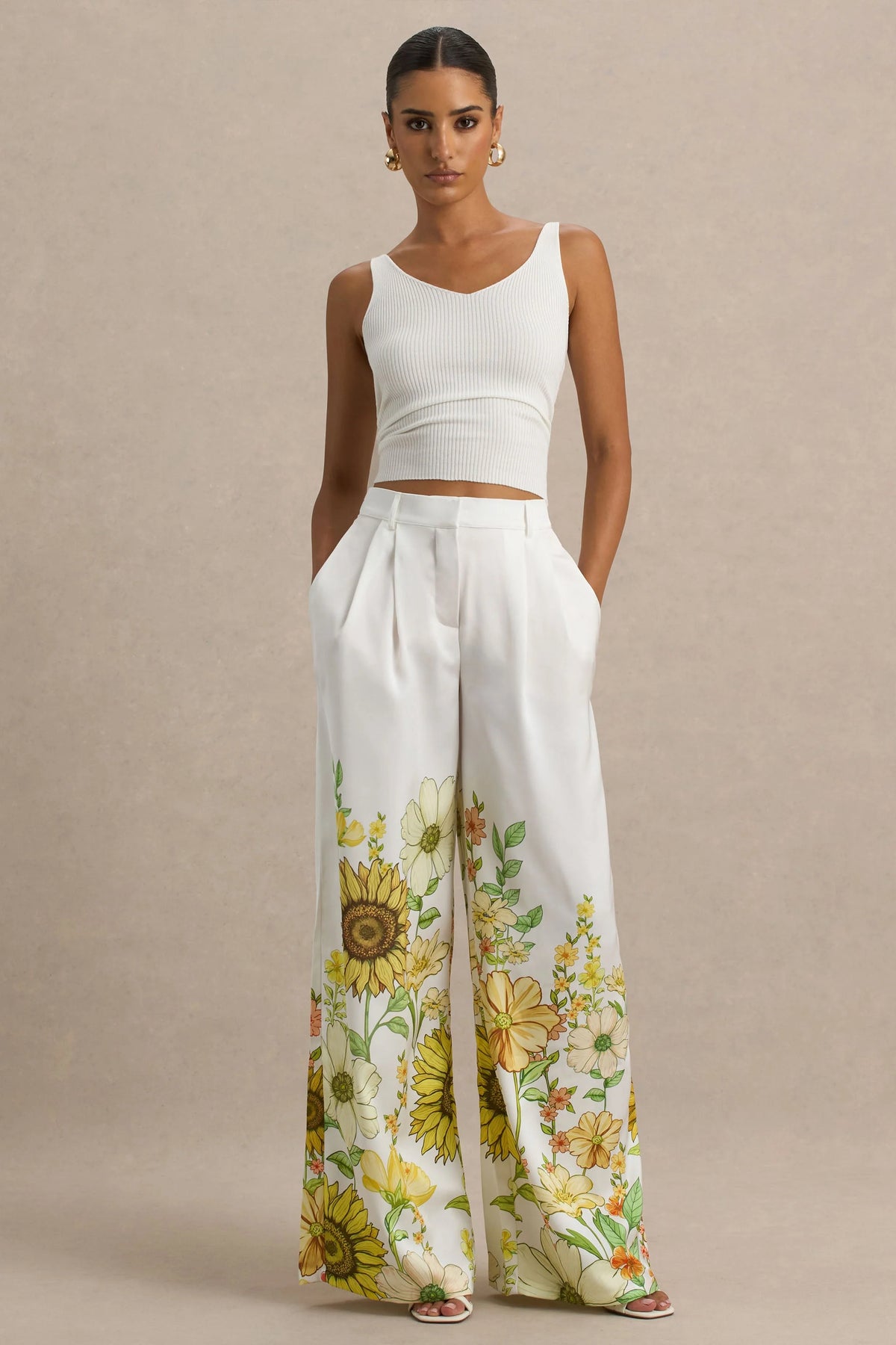 Louise | Sunflower Print Wide-Leg Trousers