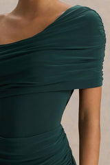 Dynasty | Dark Green Asymmetric-Neck Maxi Dress With Ruched Detailing And Front High-Split