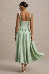 Parina | Light Green Strappy Volume-Hem Midi Dress