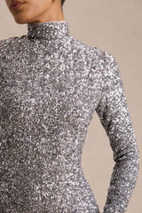Galaxy | Silver Sequin Turtle-Neck Long-Sleeve Maxi Dress