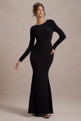 Rosalee | Black Long-Sleeve Cowl-Back Maxi Dress With Bows