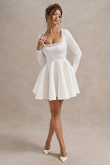 Wilder | White Square-Neck Long-Sleeve Skater Mini Dress