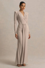 Flashy | Champagne Plunge-Neck Maxi Dress With Ruched Detailing