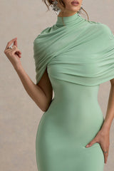 Cecille | Light Green Midi Dress With Cape Sleeve Detail