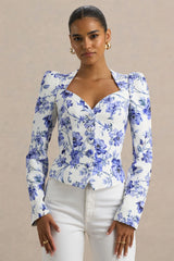 Olympia | Blue Floral Print Sweetheart-Neck Tailored Top