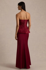 Milia | Burgundy Satin Hand-Embellished Strapless Corset Maxi Dress
