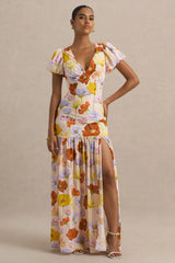 Ginny | Bright Floral Print Puff-Sleeve Split Maxi Dress