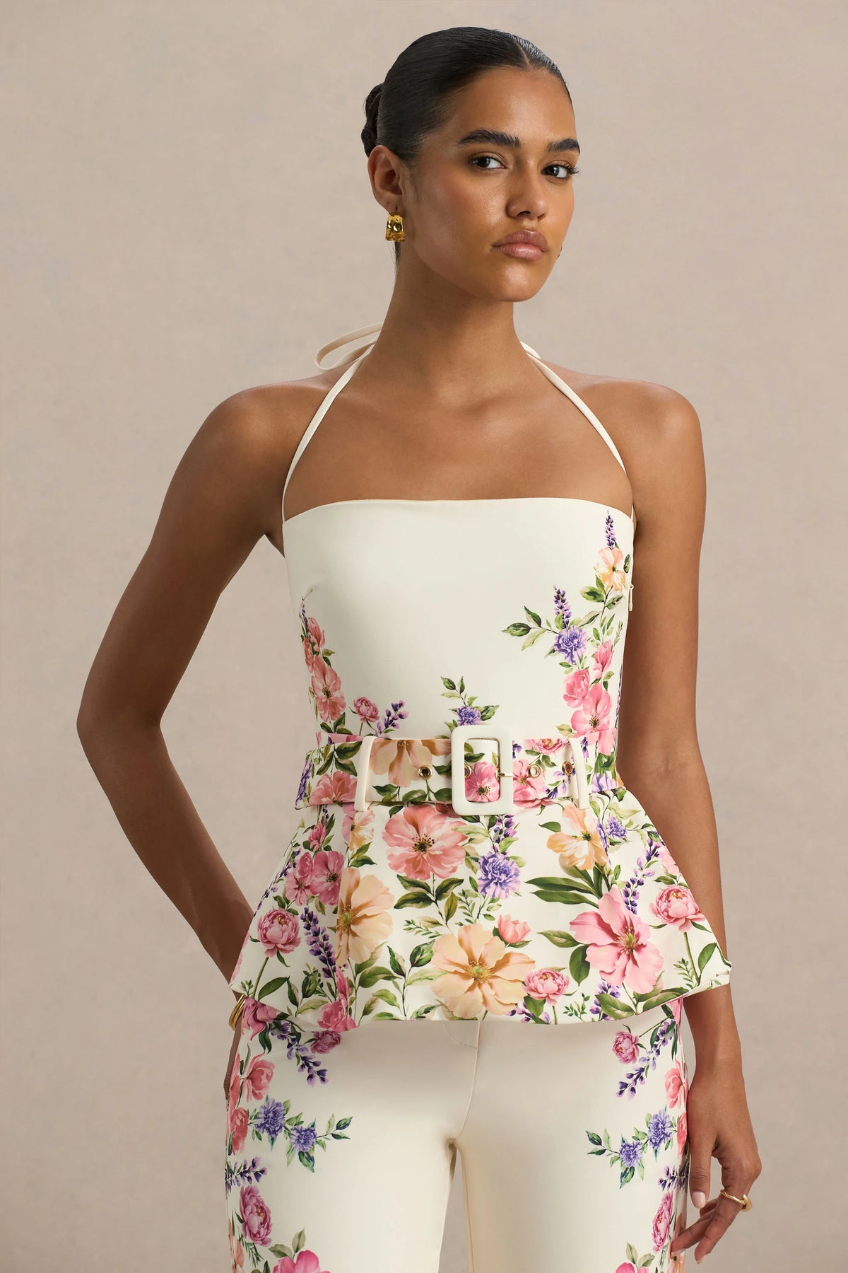 Maud | White Floral Border Print Square-Neck Tailored Top