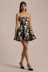 Sparky | Black And Bronze Floral Embellished Bandeau-Neck Mini Dress