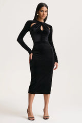 Francine | Black Velvet Round-Neck Midi Dress With Cut-Out Details