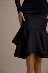 Sander | Black Mesh Long-Sleeve Ruffle-Hem Midi Dress