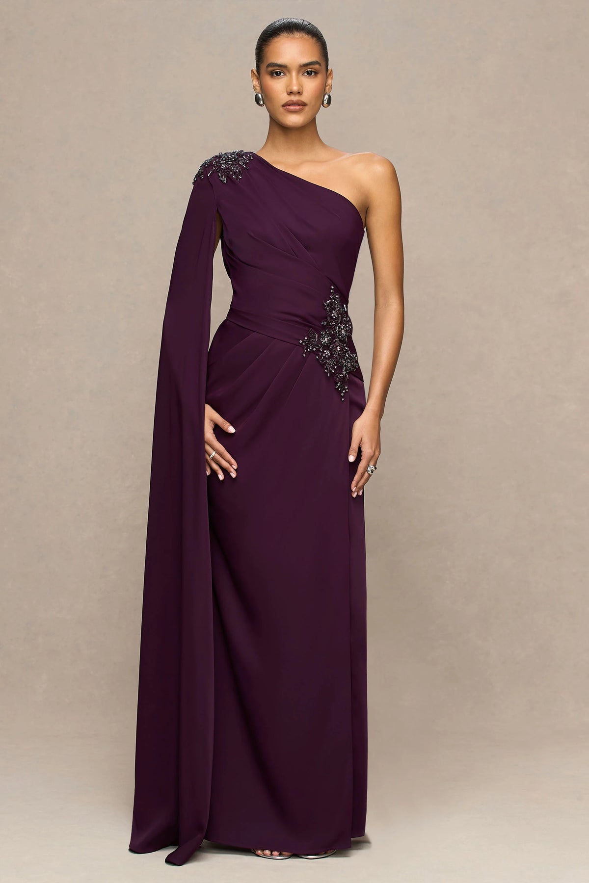 Solace | Dark Plum Asymmetric-Neck Maxi Dress With Front-High Split