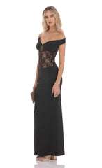 Off Shoulder Lace Cutout Maxi Dress in Black