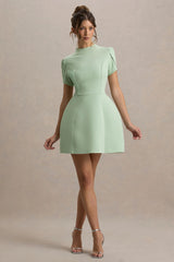Carabella | Light Green High-Neck Short-Sleeve Mini Dress