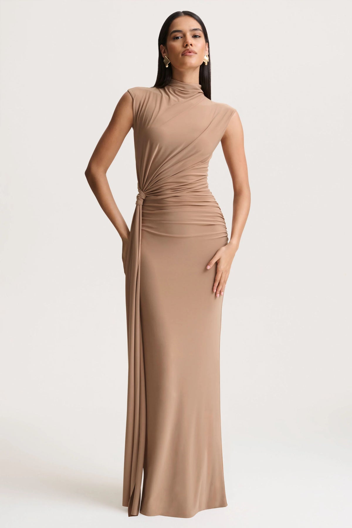 Solene | Brown High-Neck Maxi Dress With Wrap And Drape Detail