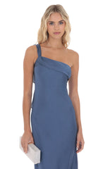 Satin One Shoulder Tassel Maxi Dress in Denim Blue