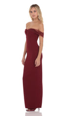 Tulle Off Shoulder Maxi Dress in Maroon