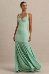 Kirby | Sage Corset Halter-Neck Maxi Dress With Sheer Detail