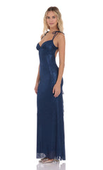 Foil Back Ruffle Maxi Dress in Navy