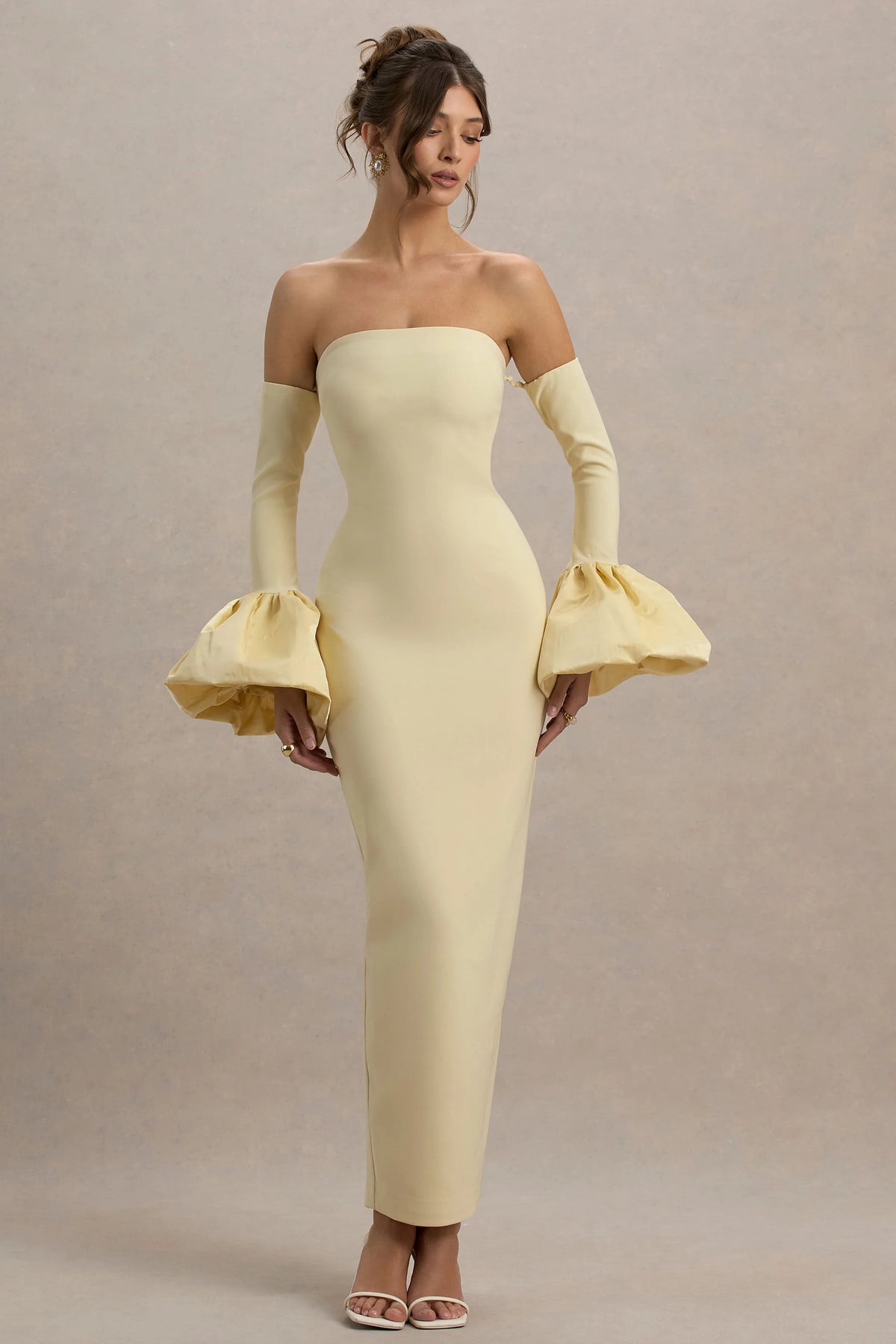 Myah | Lemon Bandeau Long-Sleeve Maxi Dress With Puff Cuffs