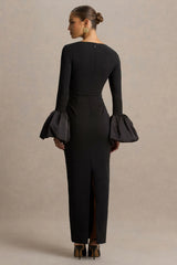 Retreat | Black Square-Neck Maxi Dress With Satin Puff-Sleeves