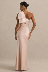 Valerie | Light Pink Satin Asymmetric-Neck Maxi Dress With Bow Detail
