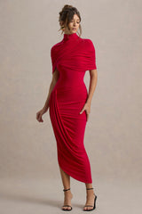 Enchant | Red Asymmetric Twisted Cape Midi Dress