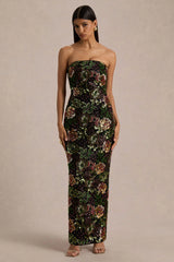 Cora | Winter Floral Embellished Mesh Bandeau Maxi Dress With Scarf