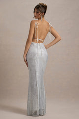 Quartz | Silver Embellished Square-Neck Open-Back Maxi Dress