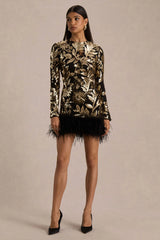 Lara | Black And Gold Sequin Print High-Neck Mini Dress With Feather Trim