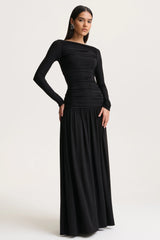 Aniyah | Black High-Neck Maxi Dress With Ruched Detailing