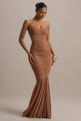 Talisa | Mocha Ruched Fishtail Maxi Dress With Mesh Hem