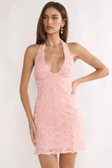 Averina Rosette Halterneck Mini Dress Pink