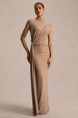 Solene | Brown High-Neck Maxi Dress With Wrap And Drape Detail