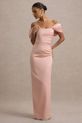 Annita | Light Pink Satin Bardot Maxi Dress