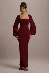 Nika | Berry Satin Square-Neck Balloon-Sleeve Maxi Dress