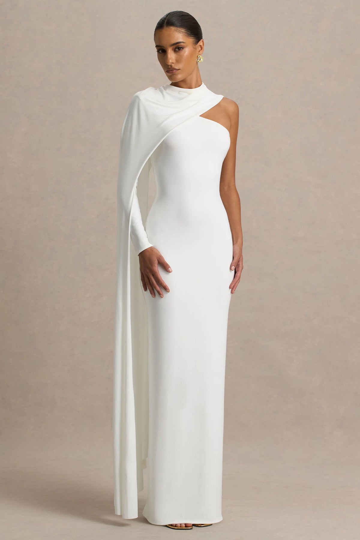 Dawn | Cream High-Neck Maxi Dress With One Long-Sleeve And Cape