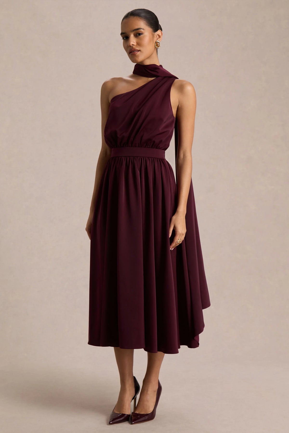 Caluna | Burgundy Satin Asymmetric-Neck Midi Dress With Scarf-Detail