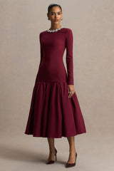 Jovana | Burgundy Hand-Embellished Crew-Neck Midi Dress With Drop Waist