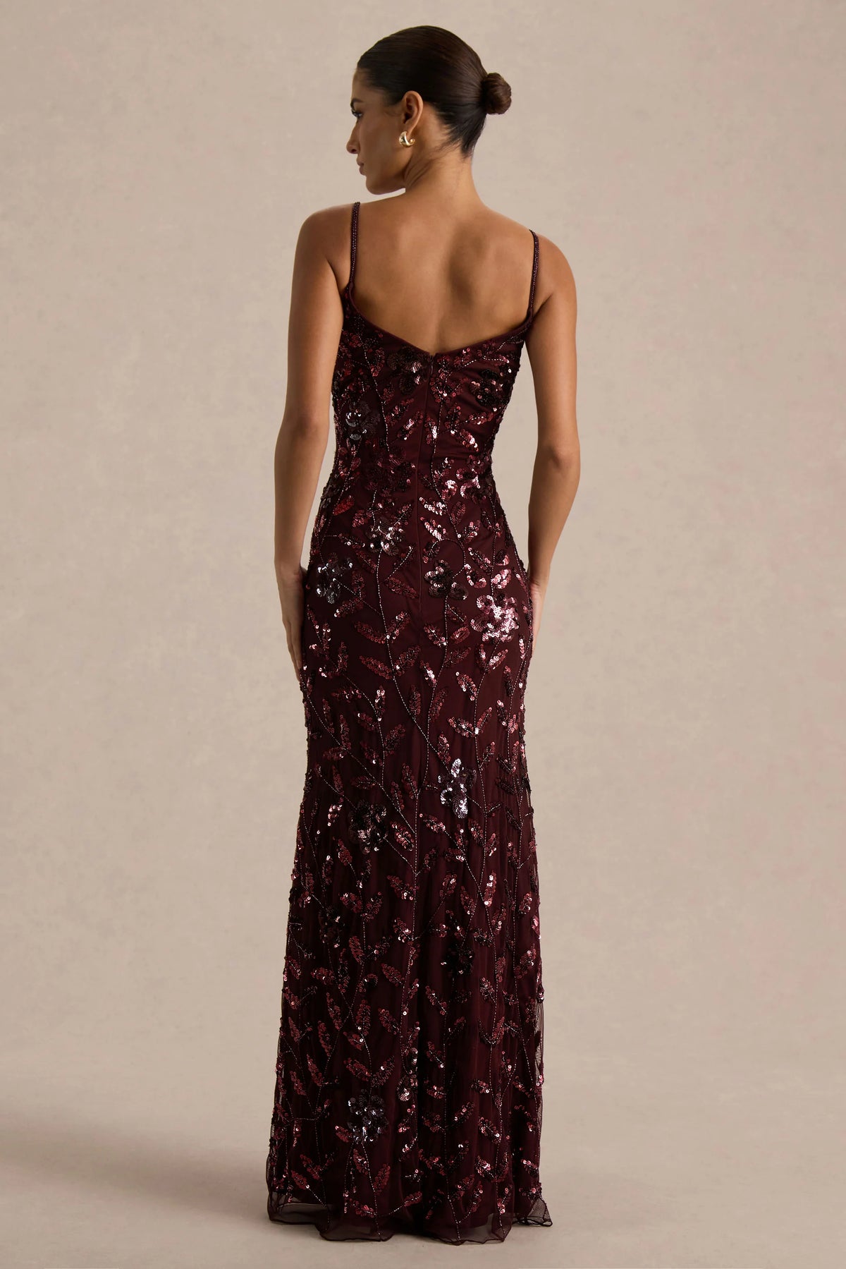 Gemini | Burgundy Floral Sequin Embellished Strappy Maxi Dress