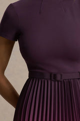 Libby | Burgundy Ombre Woven High-Neck Midi Dress With Pleated Detailing