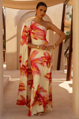 Portia | Lemon Lily Print Asymmetric Maxi Dress With Ruched Detail