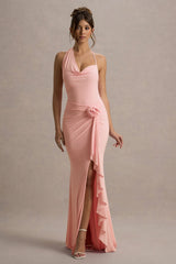 Lucena | Pink Cowl-Neck Wrap Maxi Dress With Floral Drape