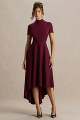 Bellona | Burgundy High-Neck High-Low Midi Dress
