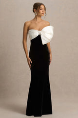 Divulge | Black And White Velvet Asymmetric-Neck Maxi Dress With Bow Detail